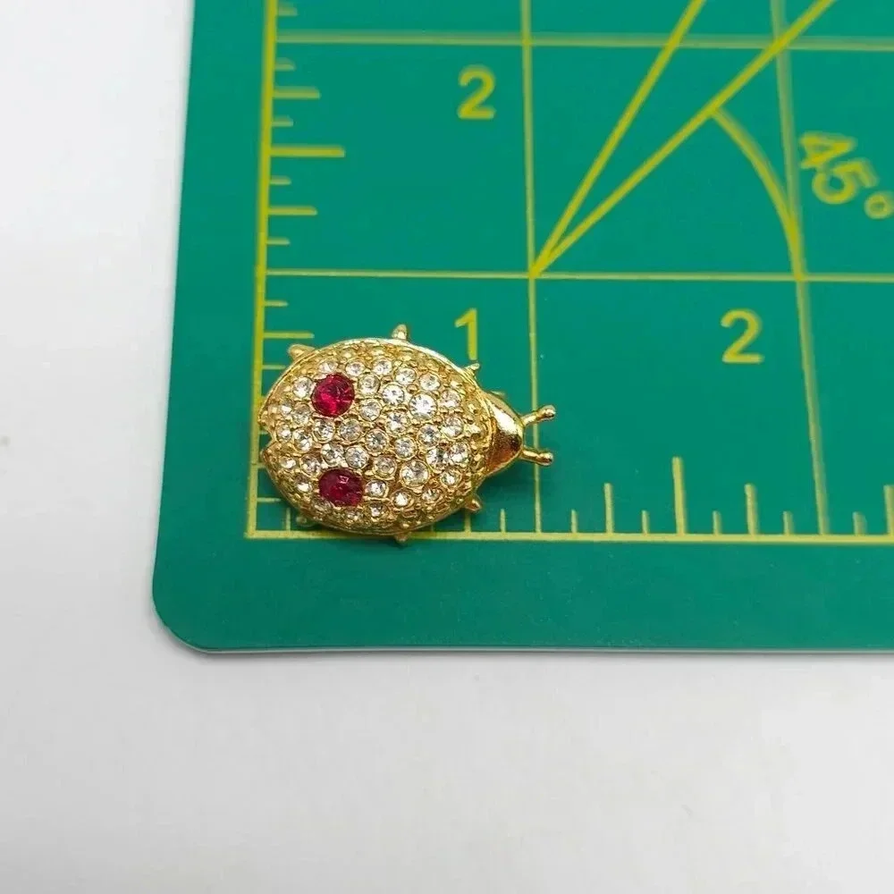 Vintage Gold-Tone Ladybug Rhinestone Brooch Pin With Red Gem Eyes